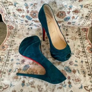 Christian Louboutin Ruched Teal Peep-Toe Suede Heels